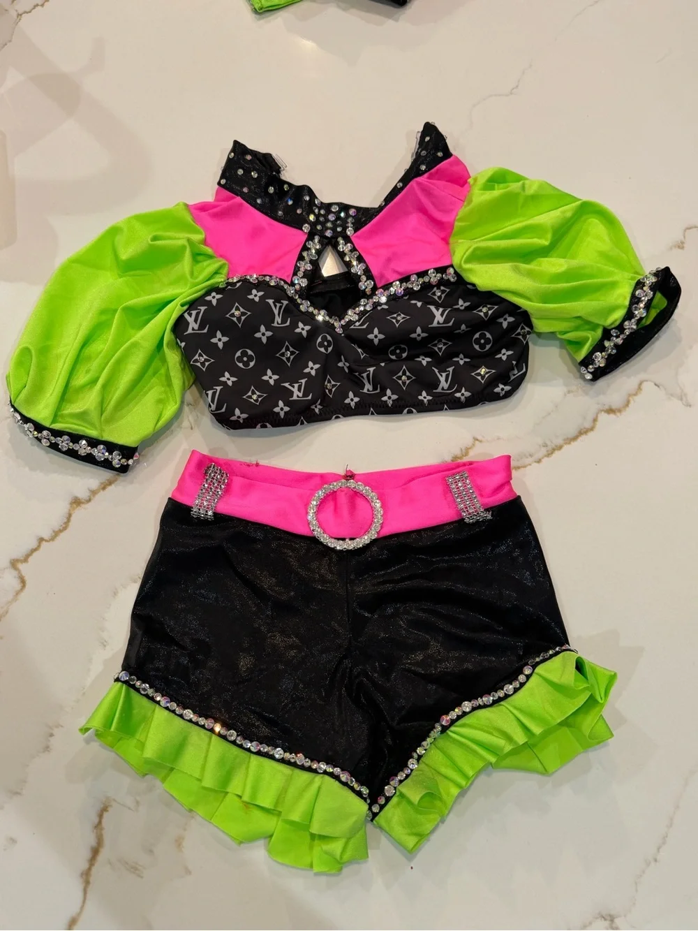 Designer inspired Neon Green, Hot Pink & Black Dance Two-Piece Set L*V*